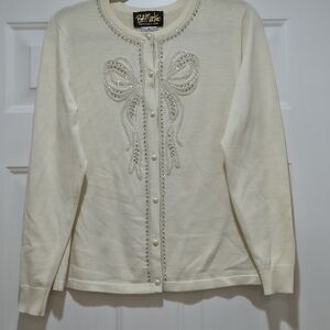 Bob Mackie Cream Beaded Sequin Bow  Full  Button Cardigan Size Medium